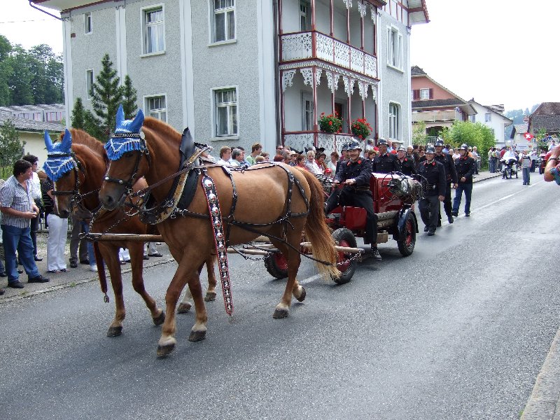Die Feuerwehr Opfersei mit der alten Spritze